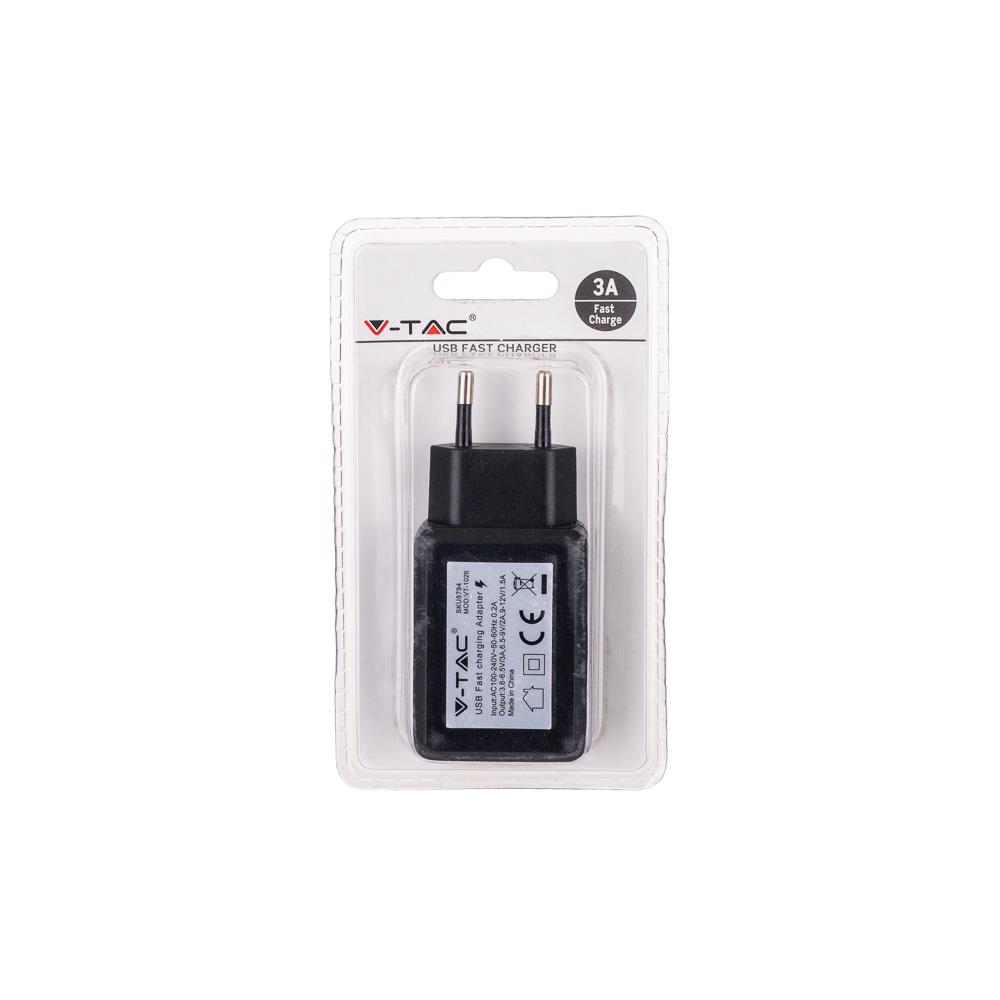 Ładowarka USB szybka QC3.0 AC 3.6-6.5V 3.0A V-TAC czarna VT-1026 - 2