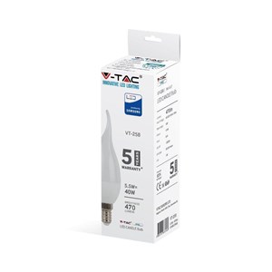 Żarówka LED V-TAC SAMSUNG CHIP 5.5W E14 Świeczka Płomyk VT-258 6400K 470lm 5 Lat Gwarancji