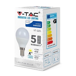 Żarówka LED V-TAC SAMSUNG CHIP 4.5W E14 Kulka P45 VT-225 6400K 470lm 5 Lat Gwarancji