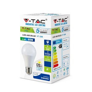 Żarówka LED V-TAC SAMSUNG CHIP 6.5W E27 A60 VT-265 3000K 806lm 5 Lat Gwarancji