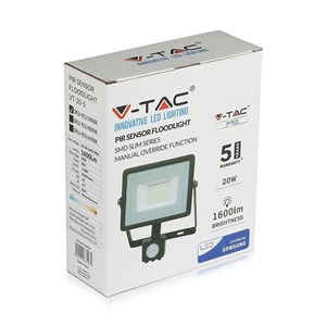 Projektor LED V-TAC 20W SAMSUNG CHIP Czujnik Ruchu Funkcja Cut-OFF Czarny VT-20-S-W 3000K 1600lm 5 Lat Gwarancji