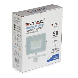 Projektor LED V-TAC 30W SAMSUNG CHIP Czujnik Ruchu Funkcja Cut-OFF Biały VT-30-S-W 6400K 2400lm 5 Lat Gwarancji