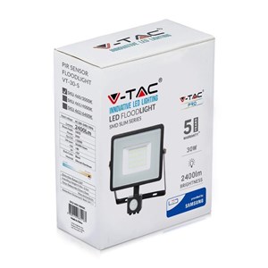 Projektor LED V-TAC 30W SAMSUNG CHIP Czujnik Ruchu Funkcja Cut-OFF Czarny VT-30-S-B 3000K 2400lm 5 Lat Gwarancji