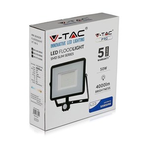 Naświetlacz LED V-TAC 50W SAMSUNG CHIP czujnik ruchu funkcja cut-OFF czarny VT-50-S-B 6400K 4000lm 5 lat gwarancji