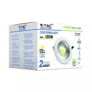 Oprawa 20W LED V-TAC COB Downlight Okrągły 120Lm/W VT-26201 4000K 2400lm