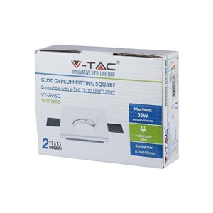 Oczko V-TAC GIPS GU10 Wpuszczane Kwadrat 100x100x30 Białe VT-765