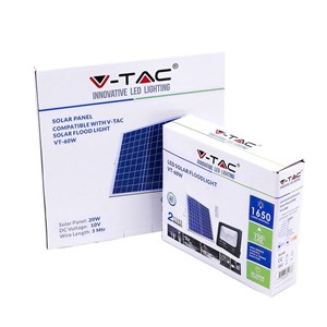 Projektor LED Solarny V-TAC 20W Czarny IP65, Pilot, Timer VT-60W 4000K 1650lm