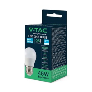 Żarówka LED V-TAC SAMSUNG CHIP 6,5W E27 Kulka G45 VT-290 6500K 600lm 5 Lat Gwarancji