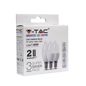 Żarówka LED V-TAC 4,5W E14 Świeczka (Opak. 3szt) VT-2076 2700K 470lm