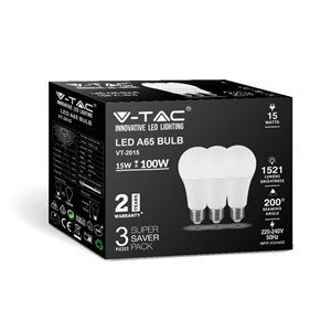 Żarówka LED V-TAC 15W E27 A60 (Opak. 3szt) VT-2015-3PC 6400K 1350lm