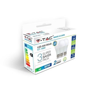 Żarówka LED V-TAC 8,5W E27 A60 zestaw (opak. 3szt) VT-1900 6400K 806lm