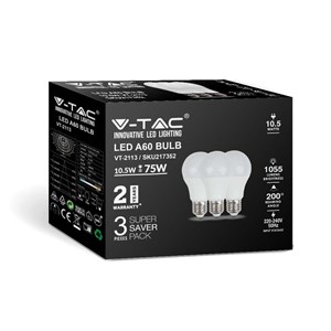 Żarówka LED V-TAC 10,5W E27 A60 (Opak. 3szt) VT-2113 4000K 1055lm