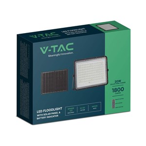 Projektor LED Solarny V-TAC 20W Pilot, AUTO, Timer, IP65 Czarny VT-180W 4000K 1800lm