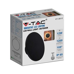 Oprawa ścienna kinkiet 12W V-TAC czarny okrągły IP65 VT-8612B-RD 3000K 1200lm