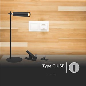 Lampka Biurkowa V-TAC 4w1 37cm Kinkiet Klips Latarka 3W LED Czarna VT-7413 4000K 300lm