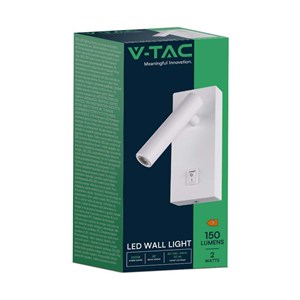Oprawa LED V-TAC 2W Kinkiet Hotel Łóżko Włącznik Biały VT-402 4000K 150lm