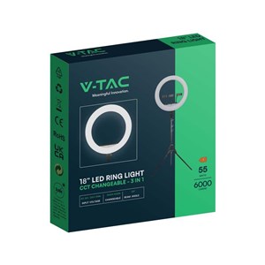 Lampa pierścieniowa LED Ring na 3 telefony V-TAC 55W fi44cm Statyw Pilot Etui VT-45055 3200K-5500K 6000lm