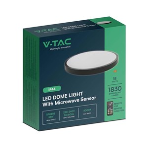 Plafon V-TAC 18W LED okrągły 30cm natynkowy pilot czujnik ruchu IP44 czarny VT-8618S 4000K 1830lm