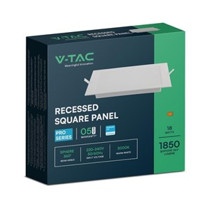 Panel wpuszczany downlight V-TAC 18W LED SAMSUNG CHIP kwadrat 220x220mm VT-61018SQ-S 3000K 1850lm 5 lat gwarancji