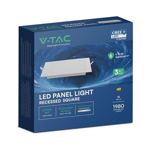 Panel wpuszczany downlight V-TAC 18W LED CREE CHIP kwadrat 220x220mm VT-61018CCT 3000K-4000K-6500K 1980lm 6 lat gwarancji