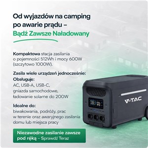 Przenośny magazyn energii, stacja zasilania, powerbank V-TAC 600W 512Wh LiFePO4 UPS WiFi SR0KW6L-SG1-EU