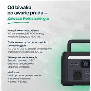 Przenośny magazyn energii, stacja zasilania, powerbank V-TAC 1000W 1024Wh LiFePO4 UPS WiFi SR1KW0L-SG1-EU