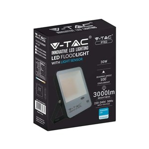 Projektor LED V-TAC 30W Czujnik Światła SAMSUNG CHIP 100Lm/W Czarny VT-37 4000K 3000lm 5 Lat Gwarancji