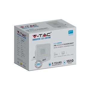 Naświetlacz LED V-TAC 20W SAMSUNG CHIP czujnik ruchu biały Z mufą VT-128S 6500K 1510lm 5 lat gwarancji
