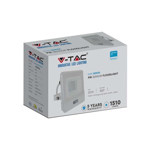 Projektor LED V-TAC 20W SAMSUNG CHIP Czujnik Ruchu Biały Przewód 1M VT-128S-1 6400K 1510lm 5 Lat Gwarancji