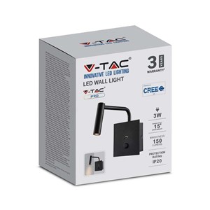 Oprawa LED V-TAC 3W Kinkiet Hotel Łóżko USB Włącznik Czarny COB CREE VT-2943 3000K 150lm 3 Lata Gwarancji