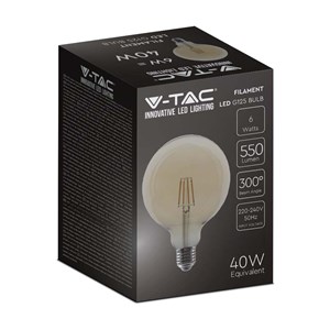 Żarówka LED V-TAC 6W filament E27 kula glob G125 bursztyn VT-1956 2200K 550lm