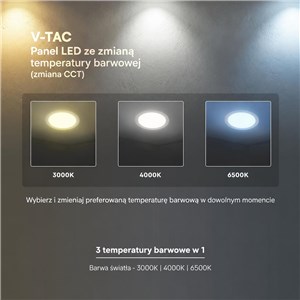 Panel wpuszczany downlight V-TAC PRO SLIM 18W LED CREE CHIP okrągły 225x12mm CCT VT-1807CCT 3000K-4000K-6500K 1650lm 6 lat gwarancji