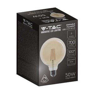 Żarówka LED V-TAC 8W Filament E27 Kula Glob G125 Bursztyn Ściemnialna 125x173mm VT-2018 2200K 700lm