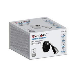 Kinkiet V-TAC 4,5W LED czarny z włącznikiem VT-806 3000K 420lm 3 lata gwarancji