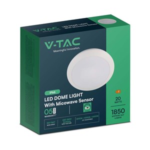 Plafon V-TAC 20W LED Okrągły IP44 Czujnik Ruchu Mikrofalowy IK10 30cm Biały VT-8222 3000K-4000K-6000K 1800lm 5 Lat Gwarancji