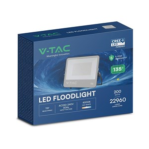 Projektor LED V-TAC CREE CHIP 200W 135lm/W czarna obudowa przewód 1m IP65 VT-44201 4000K 27000lm 6 lat gwarancji