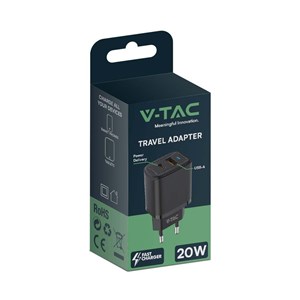 Ładowarka USB V-TAC SZYBKA 20W Czarna MINI Dual USB Type-A Type-C VT-3530