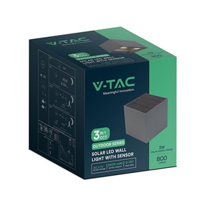 Oprawa ścienna solarna V-TAC 9W LED COB antracyt kostka 15x15cm IP65 czujnik ruchu VT-409CCT 3000K-4000K-5000K 800lm