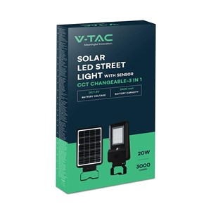 Naświetlacz oprawa uliczna solarna V-TAC 20W LED czarna IP65 150Lm/W VT-ST20CCT 3000K-4000K-6000K 3000lm 3 lata gwarancji