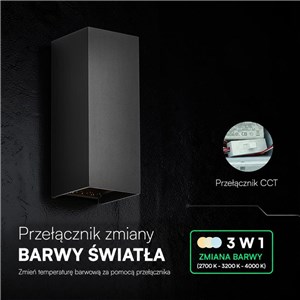 Oprawa ścienna V-TAC 10W LED COB czarna IP65 CCT zmiana barwy VT-120112-B 2700K-3200K-4000K 1250lm