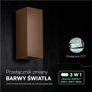 Oprawa ścienna V-TAC 10W LED COB brąz corten IP65 CCT zmiana barwy VT-120112-C 2700K-3200K-4000K 1250lm