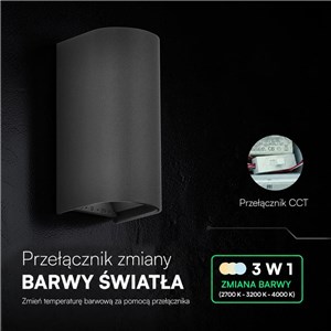 Oprawa ścienna V-TAC 10W LED COB czarna IP65 CCT zmiana barwy VT-120113-B 2700K-3200K-4000K 1250lm