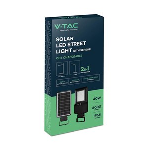 Naświetlacz oprawa uliczna solarna V-TAC 40W LED czarna IP65 150Lm/W CCT VT-ST43 3000K-4000K-6500K 6000lm 3 lata gwarancji