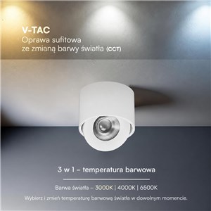 Oprawa V-TAC LED CREE uchylny downlight natynkowy 18W CRI90+ CCT IP44 biała VT-110018CCT 3000K-4000K-6500K 1350lm 6 lat gwarancji
