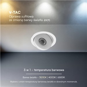 Oprawa V-TAC LED CREE uchylny downlight wpuszczany 12W CRI90+ CCT IP44 biała VT-110011CCT 3000K-4000K-6500K 800lm 6 lat gwarancji