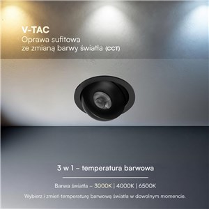 Oprawa V-TAC LED CREE uchylny downlight wpuszczany 12W CRI90+ CCT IP44 biała VT-110011CCT 3000K-4000K-6500K 800lm 6 lat gwarancji