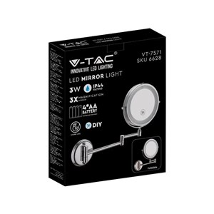 Lustro ścienne V-TAC 3W LED łazienka makijaż 4xAAA Fi.17CM chrom VT-7571 6400K 30lm