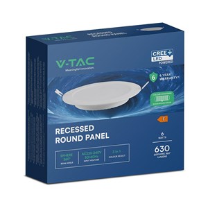 Panel wpuszczany downlight V-TAC 6W LED CREE CHIP okrągły 120x28mm VT-61006CCT 3000K-4000K-6500K 630lm 6 lat gwarancji