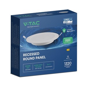 Panel wpuszczany downlight V-TAC 12W LED CREE CHIP okrągły 170x28mm VT-61012CCT 3000K-4000K-6500K 1320lm 6 lat gwarancji