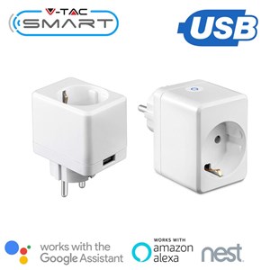 Gniazdo Adapter Przelotka z USB SMART WiFi V-TAC Amazon Alexa, Google Home, Nest VT-5002